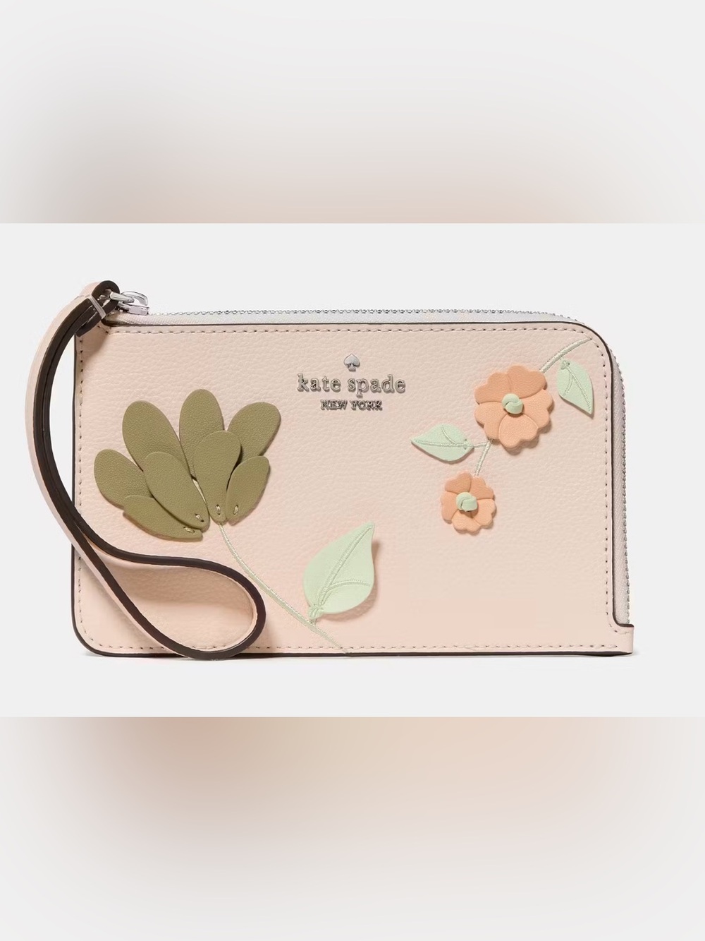 kate spade blush pink floral wristlet with green and peach appliqués